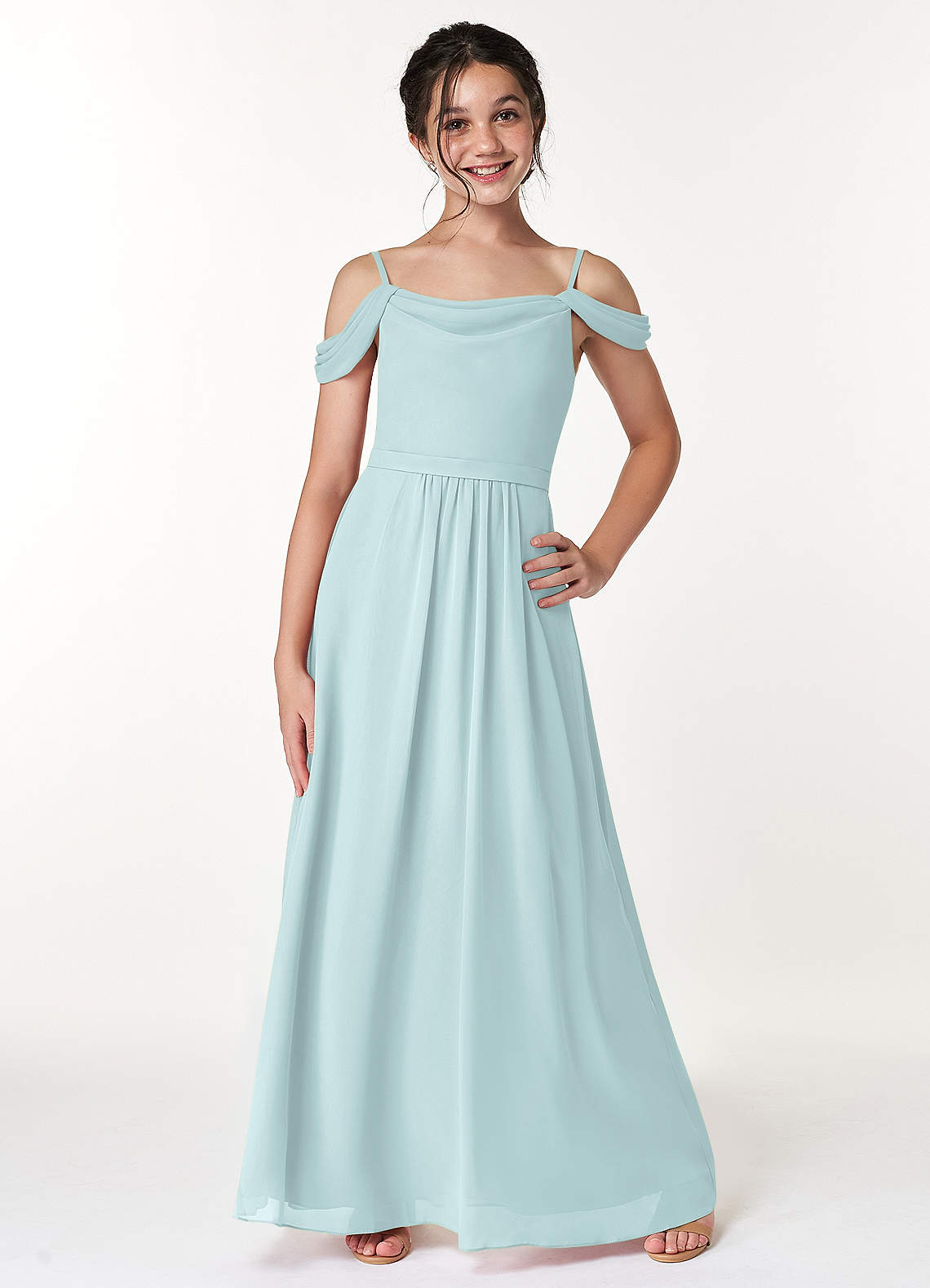 Azazie Alivia Junior Mist A-Line Off the Shoulder Chiffon Dress image1