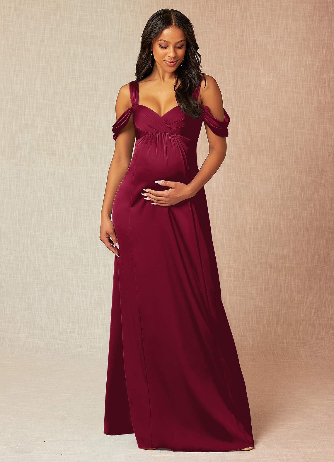 Azazie Rhea vestidos de dama de honor de maternidad Vestido de Corte En A Off The Shoulder Plisado Hasta el suelo Satén Elástico image1
