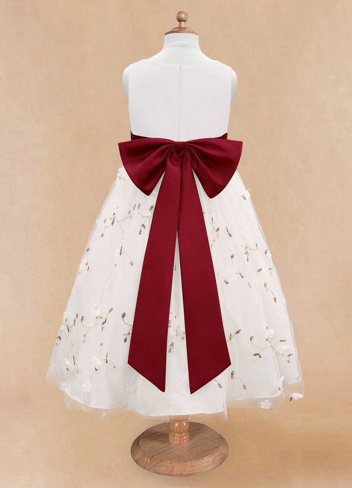 Azazie Pollie Flower Girl Dresses Ivory Burgundy A-Line Bow Tulle Dress image11