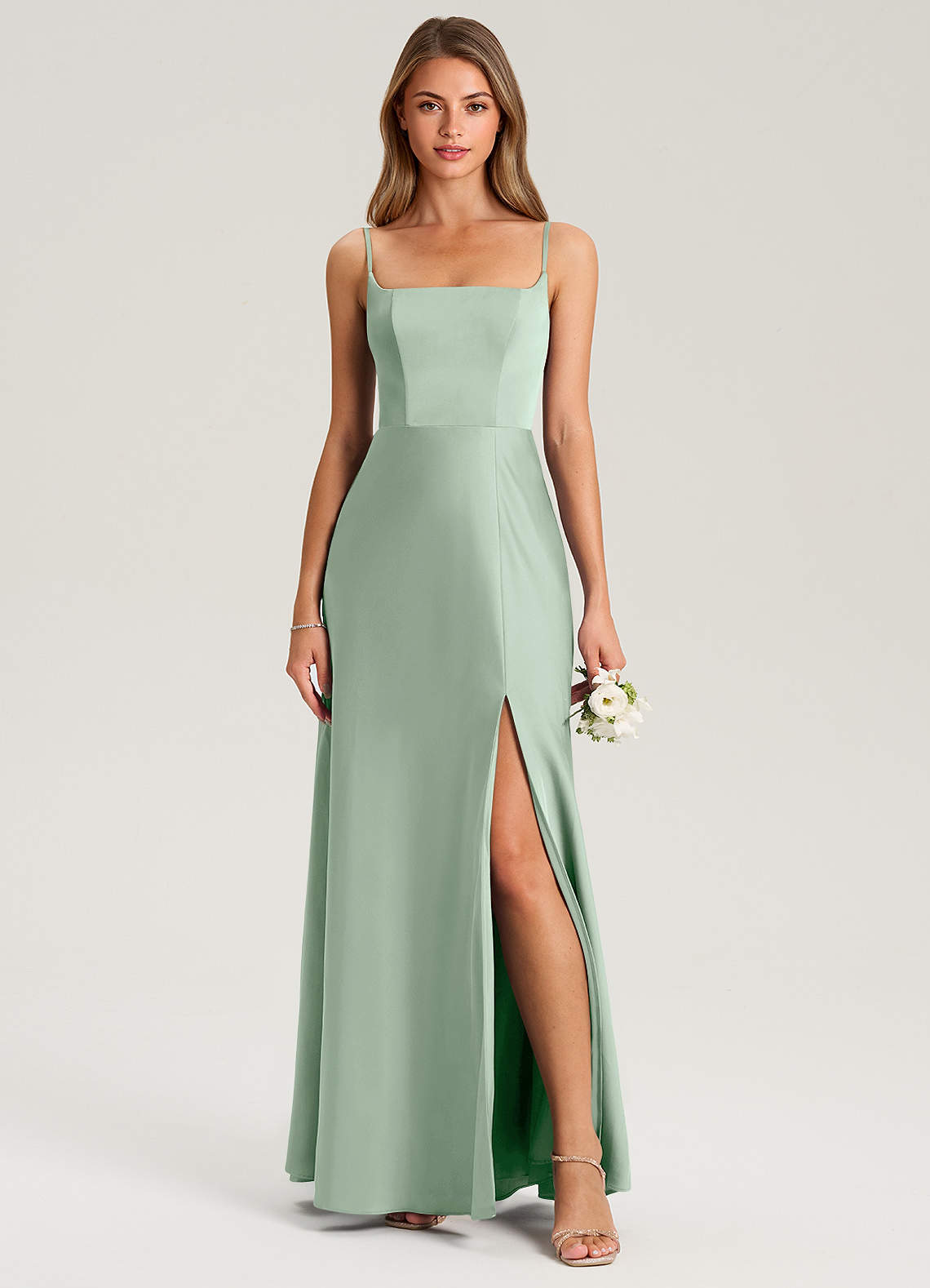 Azazie Lidia Vestidos de madrinha de casamento Vestido Agave de Cetim elástico de sereia com Fenda Lateral image9