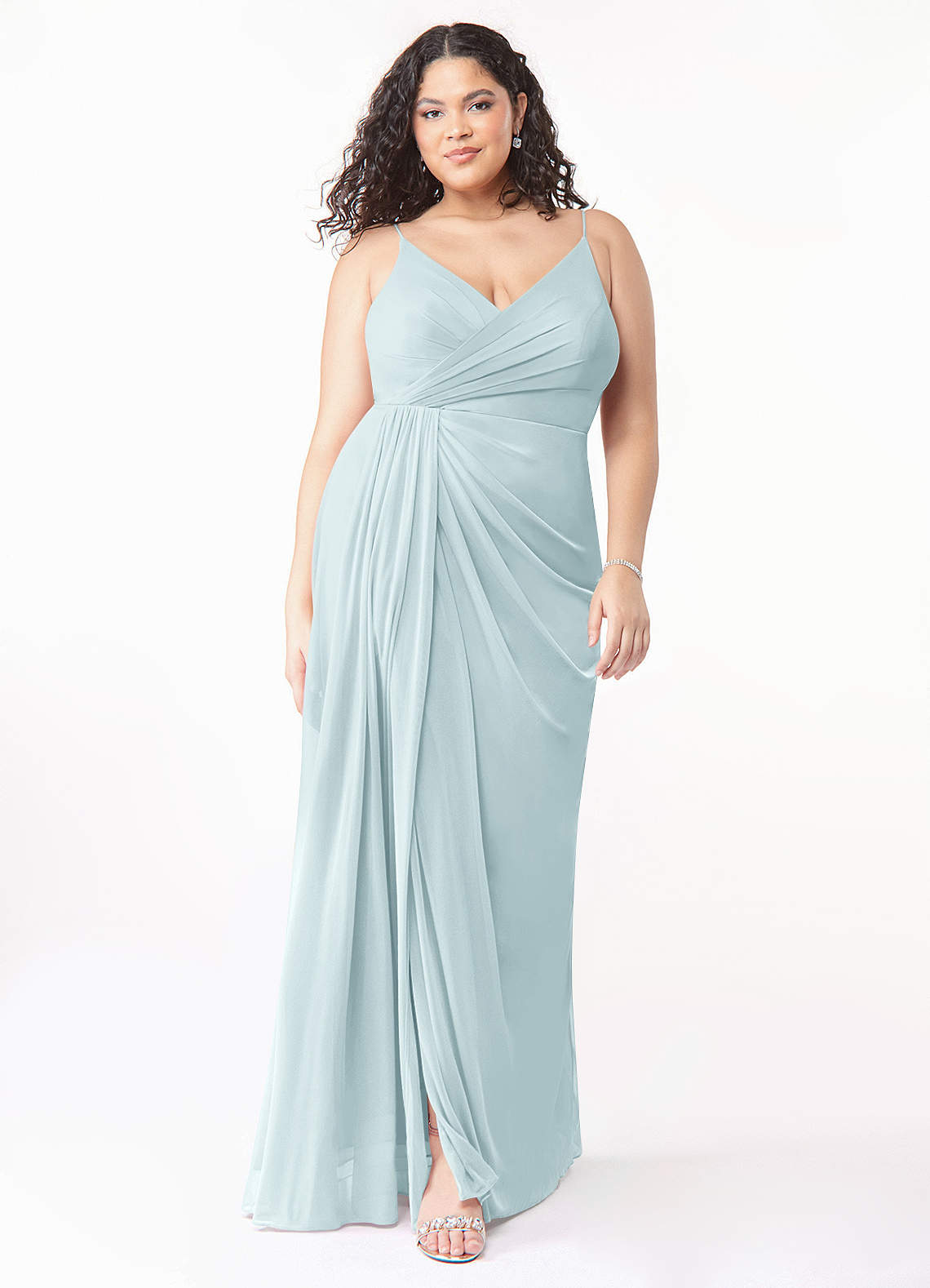 Azazie Evalin Bridesmaid Dresses Mist A-Line V-Neck Pleated Mesh Dress image1
