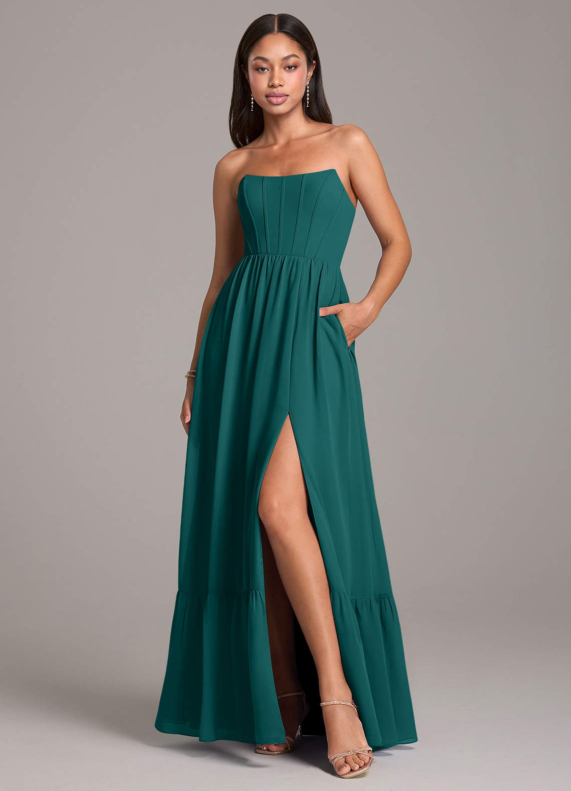 Azazie Kailee Bridesmaid Dresses Peacock A-Line with Pockets Chiffon Dress image1