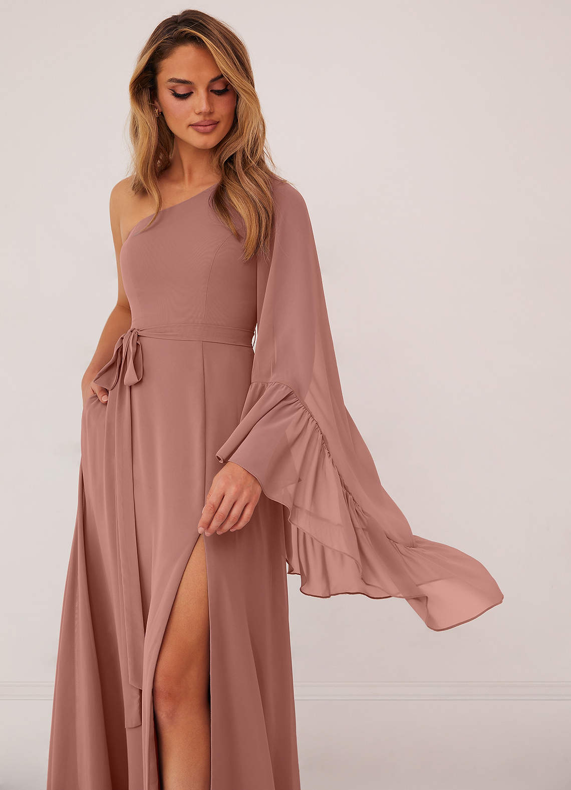 One Shoulder Sleeveless Ruched Chiffon A-line Dress Watermelon