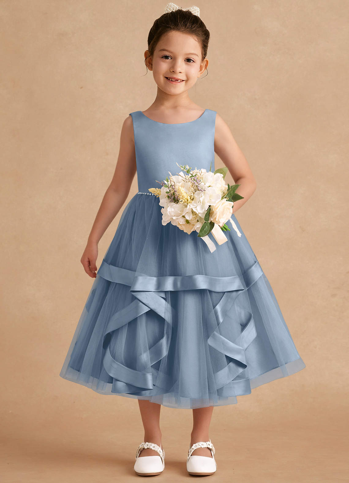 Azazie Posy Flower Girl Dresses Dusty Blue A-Line Beaded Tulle Dress image3