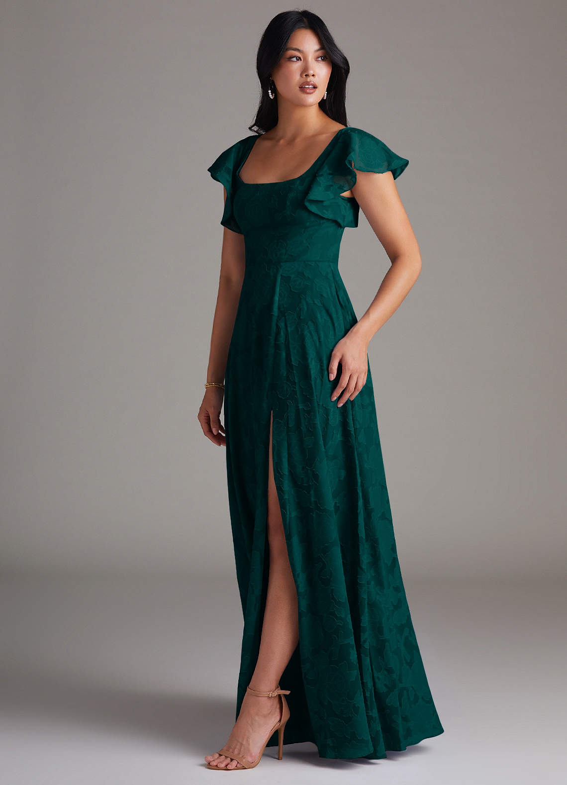 Azazie Bondi Bridesmaid Dresses Pine A-Line Side Slit Floral Burnout Dress image1