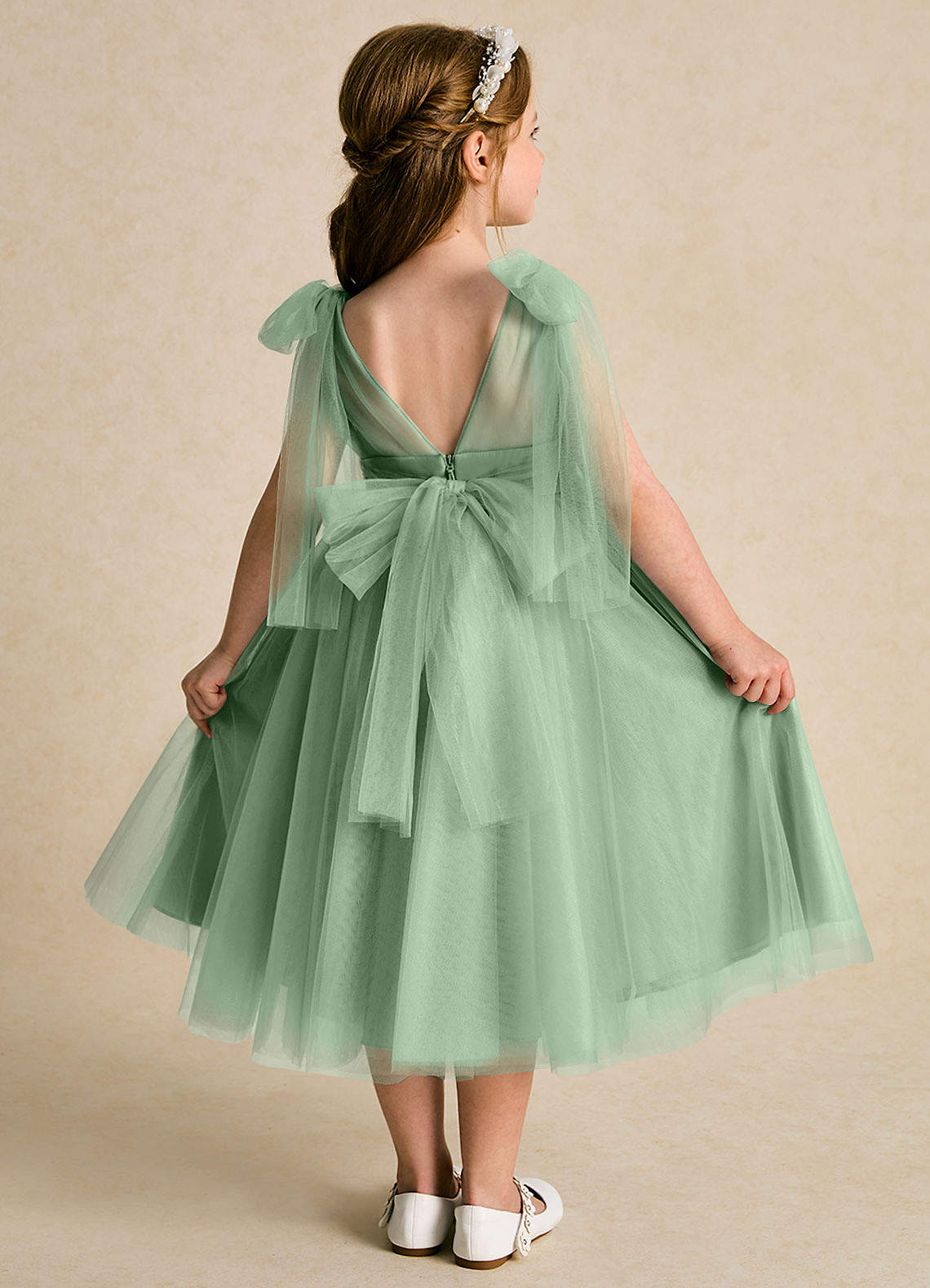 Azazie Dori Flower Girl Dresses Matcha A-Line Ruched Tulle Dress image1
