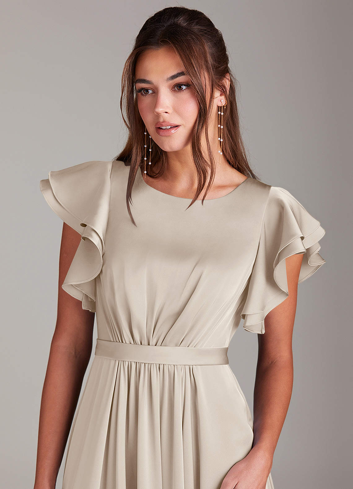 Azazie Daphne Modest Bridesmaid Dresses A-Line Ruched Stretch Satin Floor-Length Dress image4