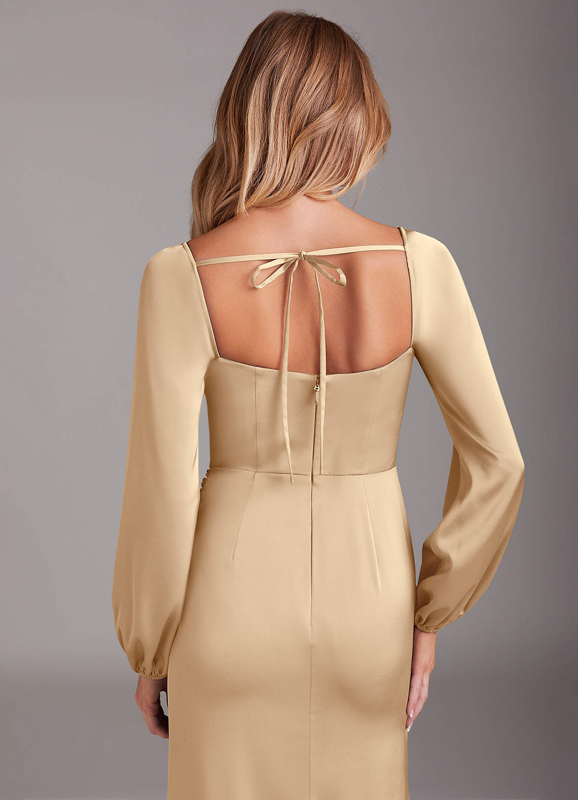 Azazie Sheath Cowl Long Sleeve Floor-Length Stretch Satin Bridesmaid Dresses - Champagne