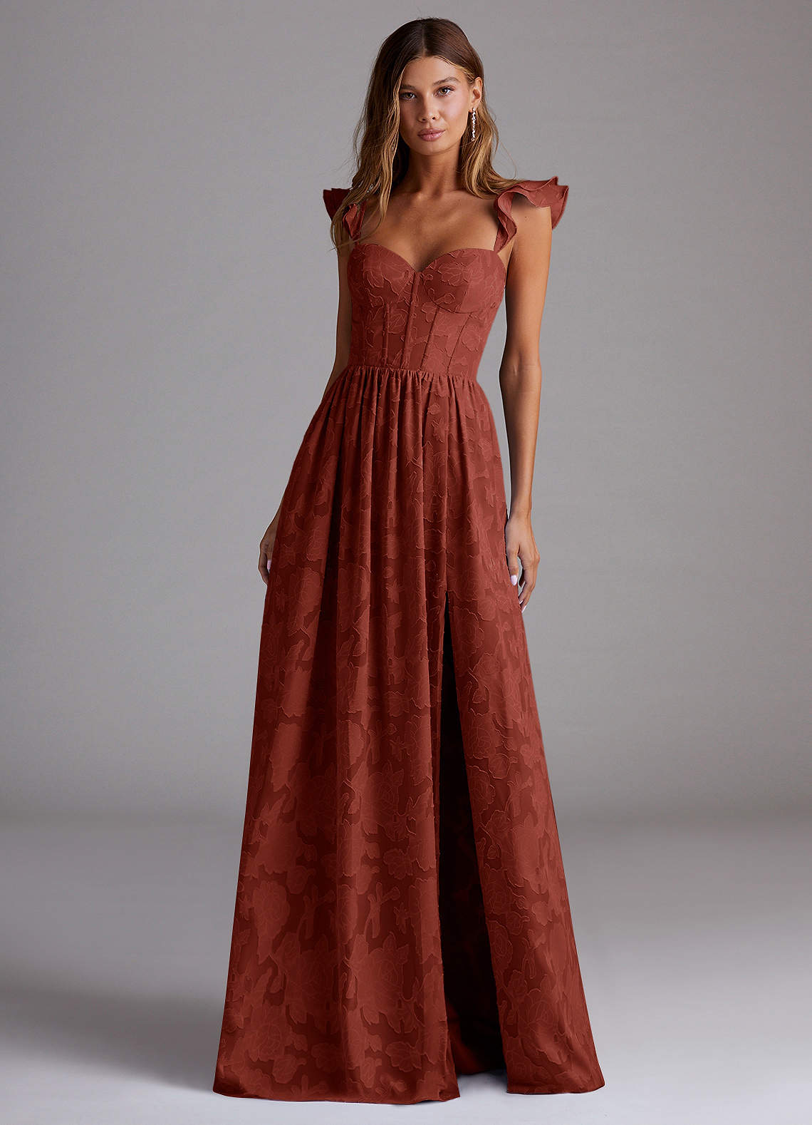 brown corset maxi dress Madame Diagonal Stripe Brown Shrug And Midi Dress Co-Ord Set main image 1