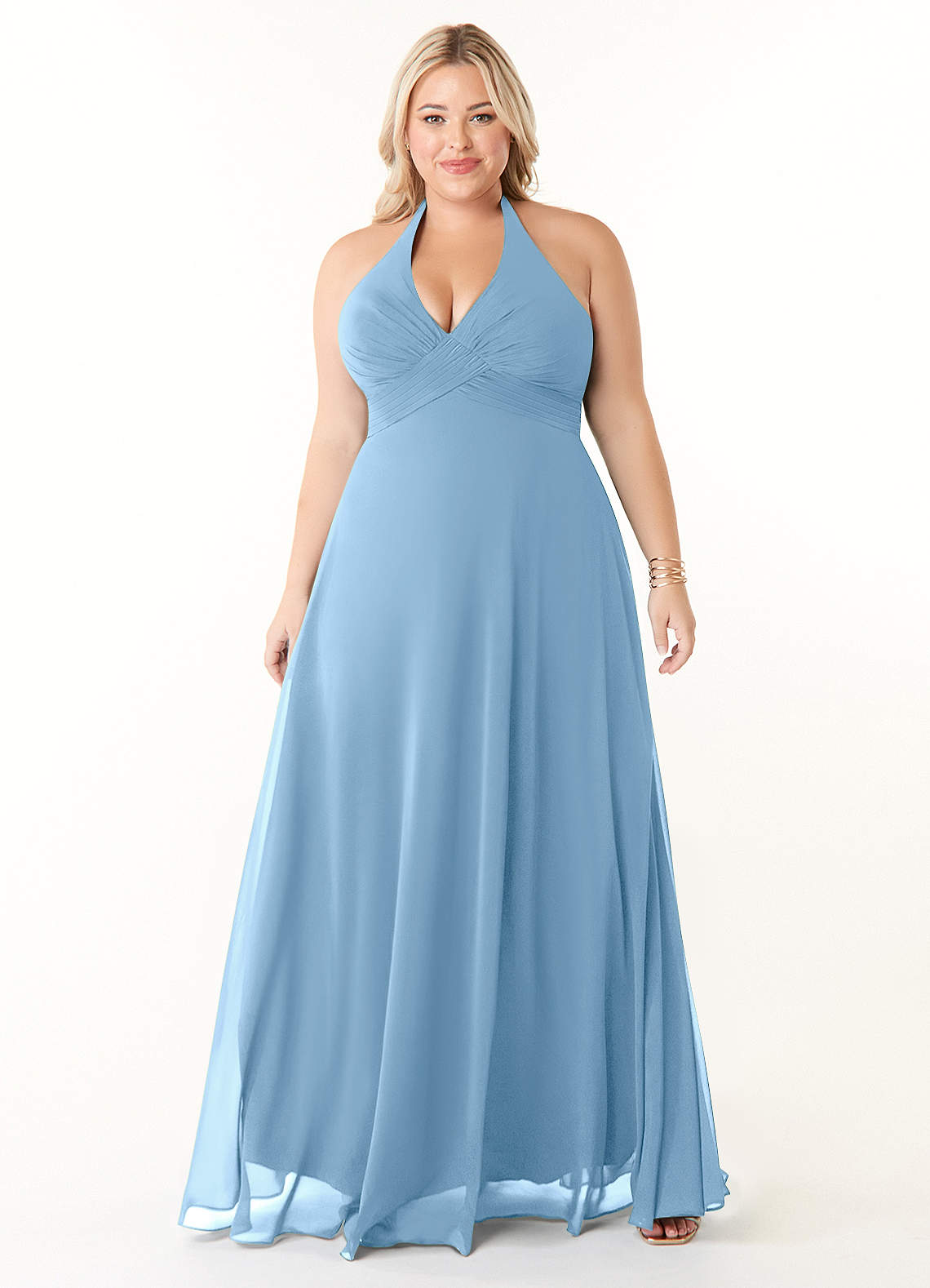 Azazie Tessie Vestidos de damas de honor Vestido de Azul Acero de Gasa de Corte en A con Cuello en V plisado image5