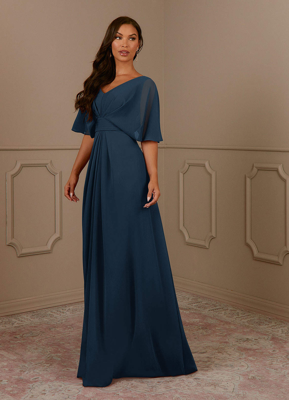 Azazie Oksana Dark Navy A-Line V-Neck Pleated Chiffon Dress | Azazie