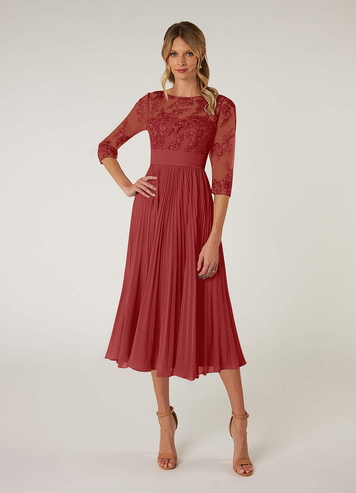 Rust Azazie Tutu A Line Boatneck Lace Chiffon Tea Length Dress