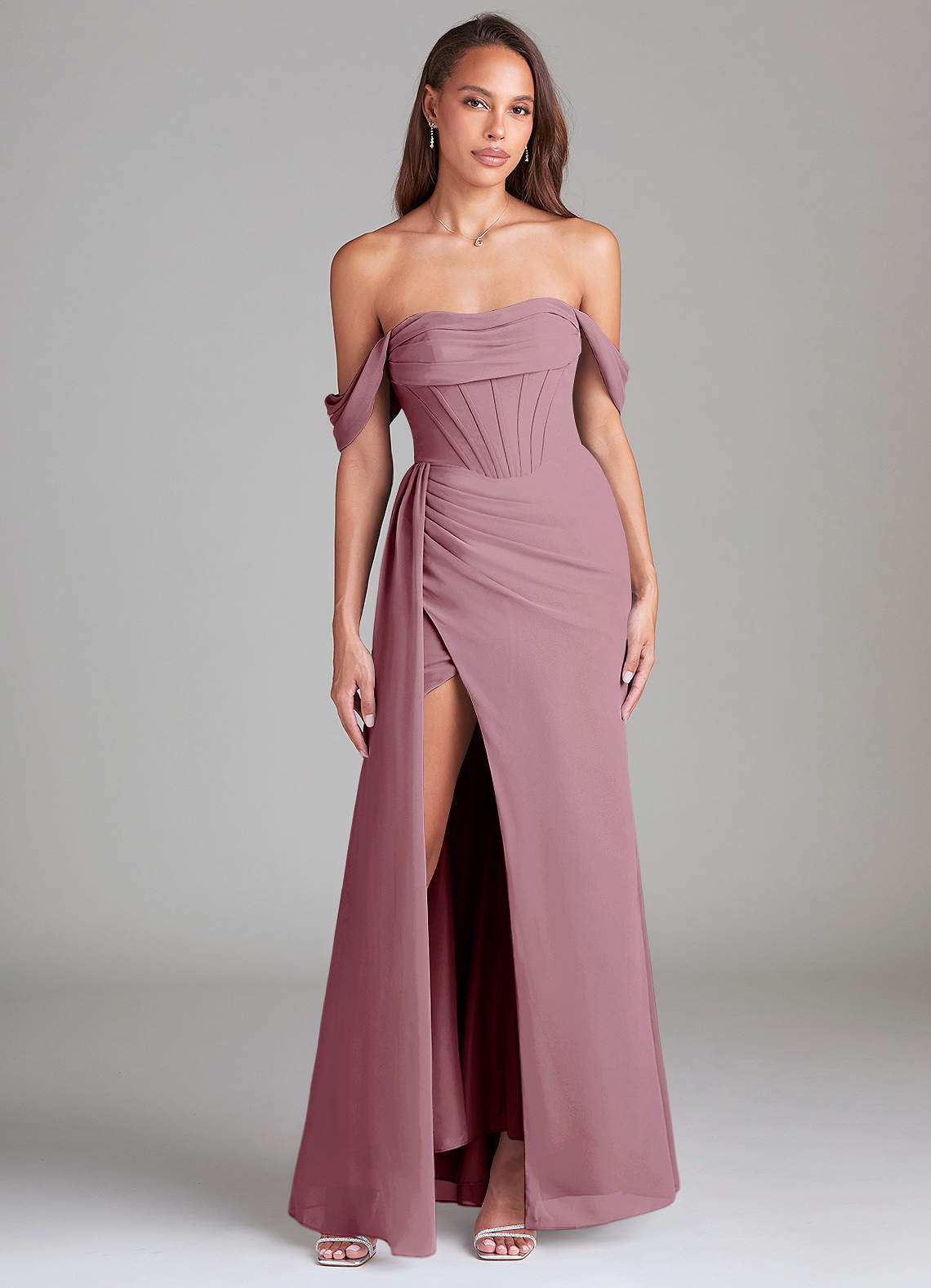Azazie Amyra Bridesmaid Dresses Vintage Mauve Sheath Off the Shoulder Chiffon Convertible Dress image1