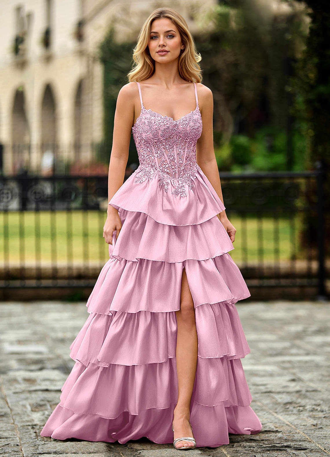 Jasmunya Pink Ruffle Floral Corset Prom Dress with Slit Prom and Homecoming Dresses | Azazie DE Jasmunya Pink Ruffle Floral Corset Prom Dress with Slit Prom and Homecoming Dresses | Azazie DE