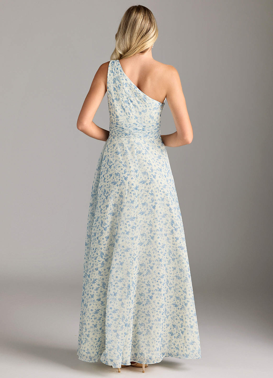 Azazie Dallas Vestidos de damas de honor Vestido de Flores Pequeñas En Azul Y Blanco de Gasa de Corte en A con Hombro unilateral image5