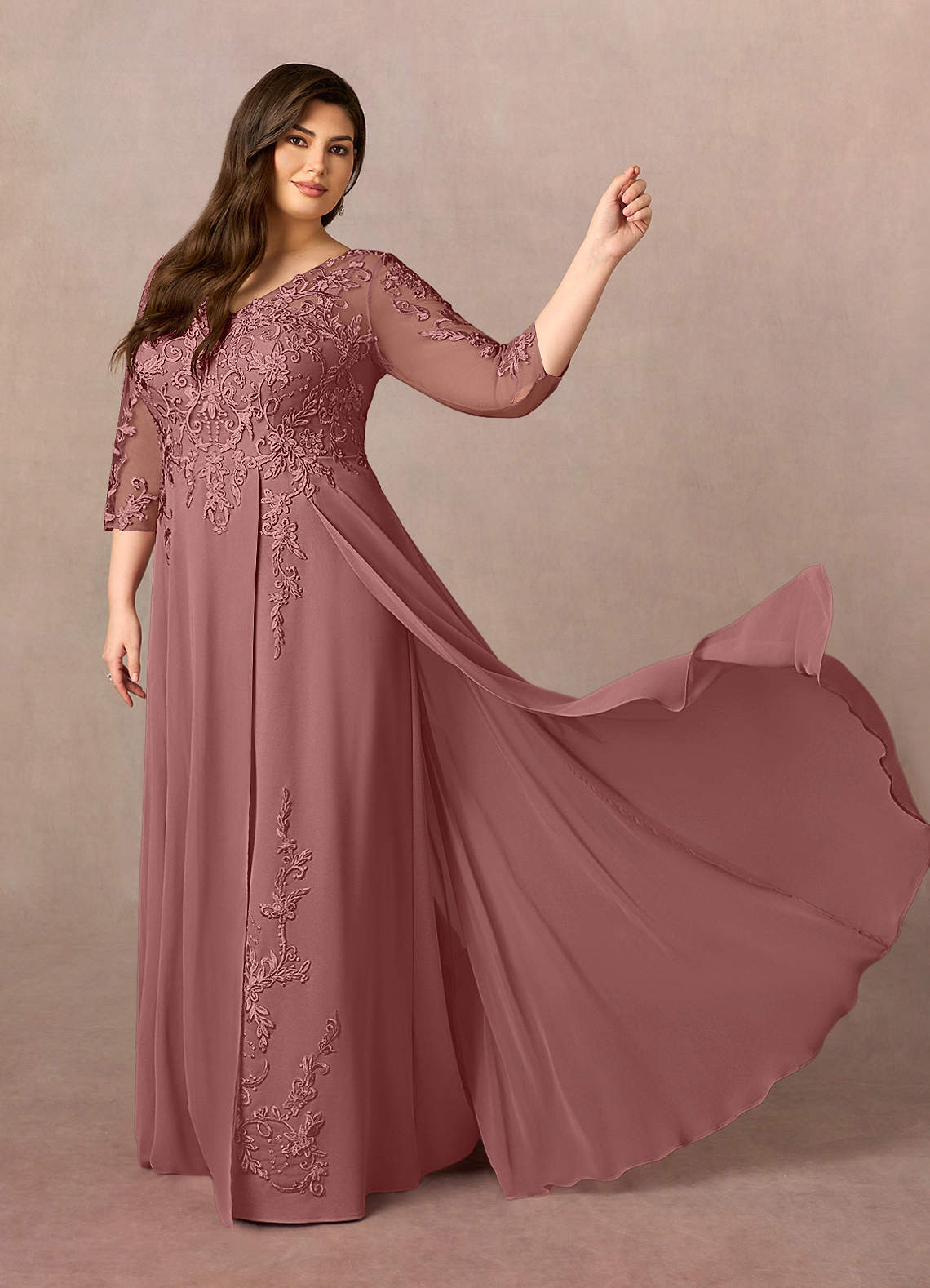 Azazie Noella vestidos de madre de la novia Vestido de Rosa Del Desierto de Gasa de Corte en A con Encaje cuello pico image10