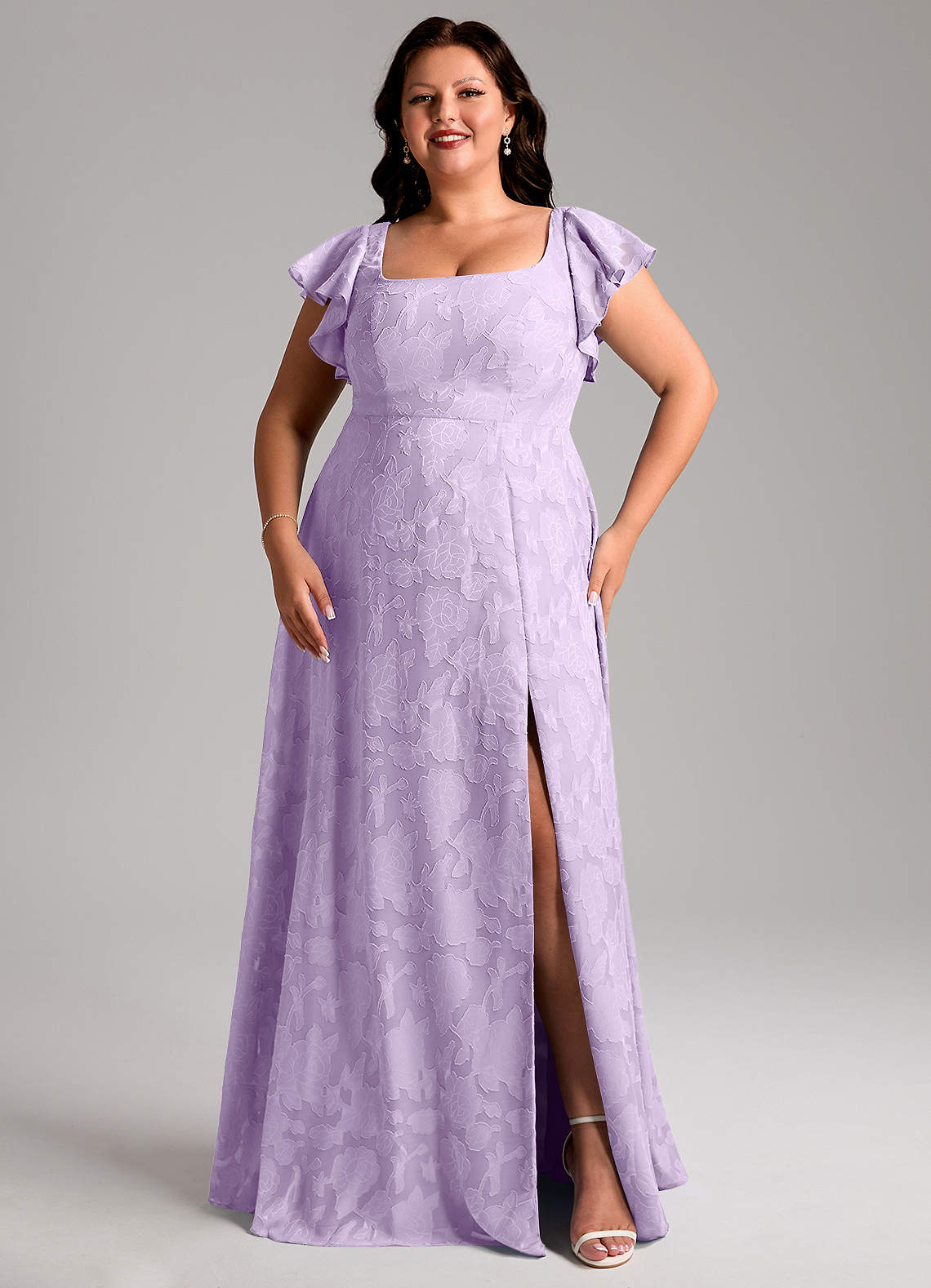Azazie Bondi Bridesmaid Dresses Lilac A-Line Side Slit Floral Burnout Dress image9