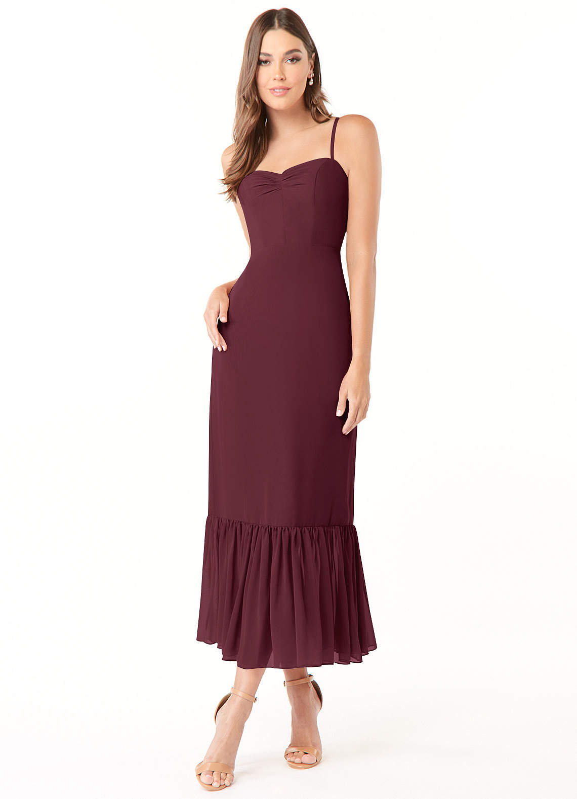 Azazie Justina Jurken voor bruidsmeisjes Jurk van Chiffon met A-Lijn Sweetheart Halslijn Cabernet image1