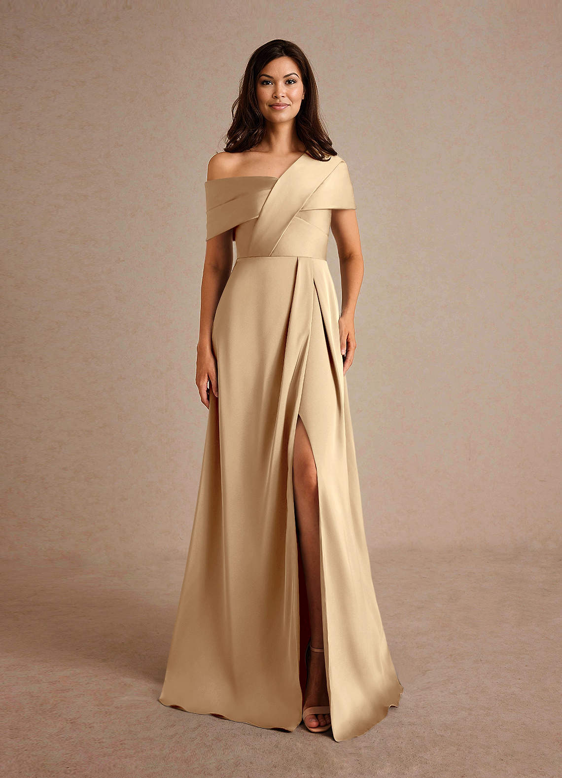 Azazie Milton Mother of the Bride Dresses Champagne A-Line Pleated Stretch Satin Dress image6