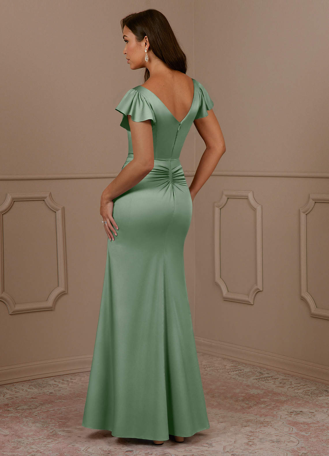 Azazie Roya Mother of the Bride Dresses Matcha Mermaid V-Neck Pleated Stretch Satin Dress image2