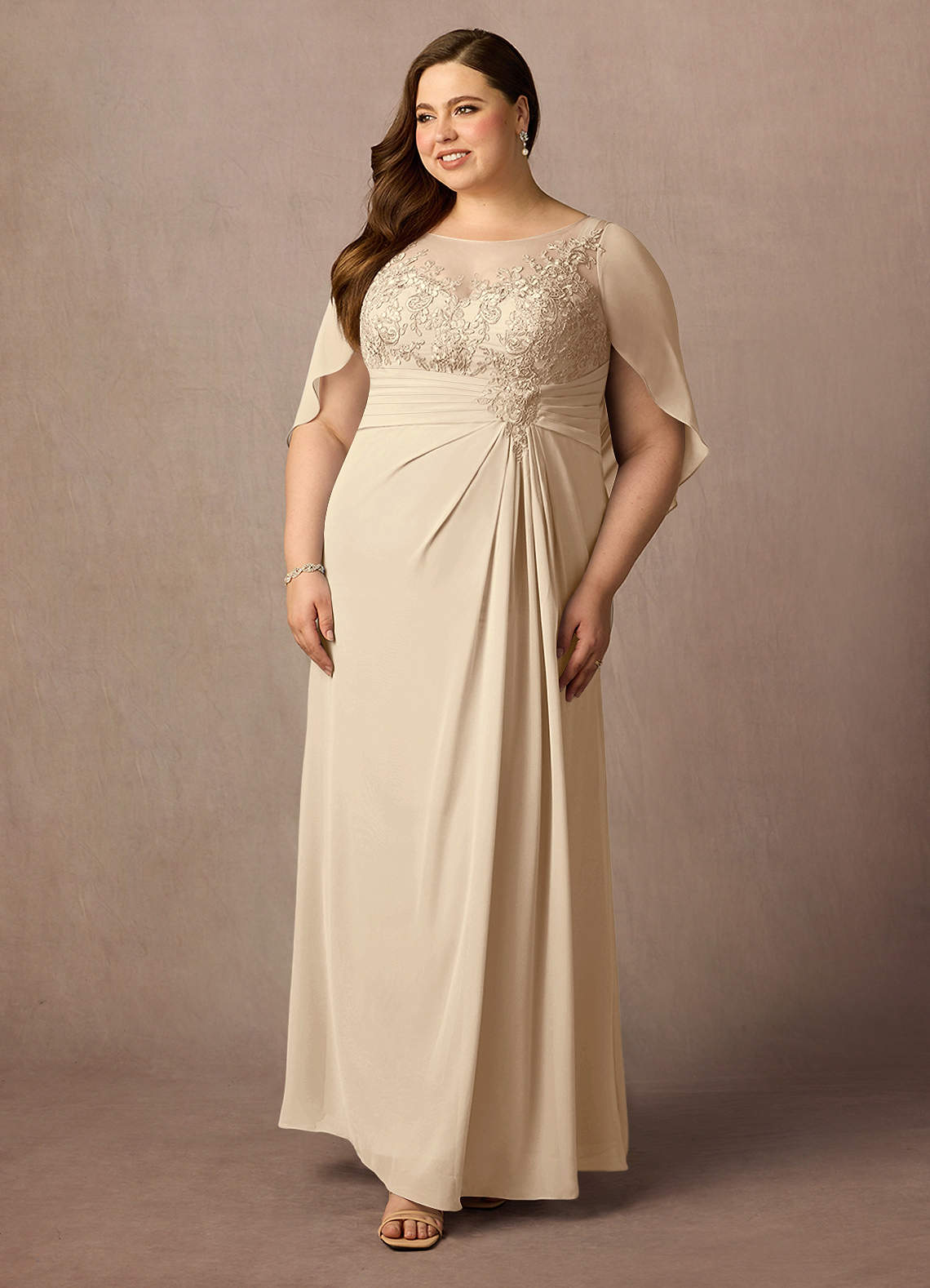 Azazie Hera Mother of the Bride Dresses Champagne A-Line Lace Capelet Chiffon Dress image8