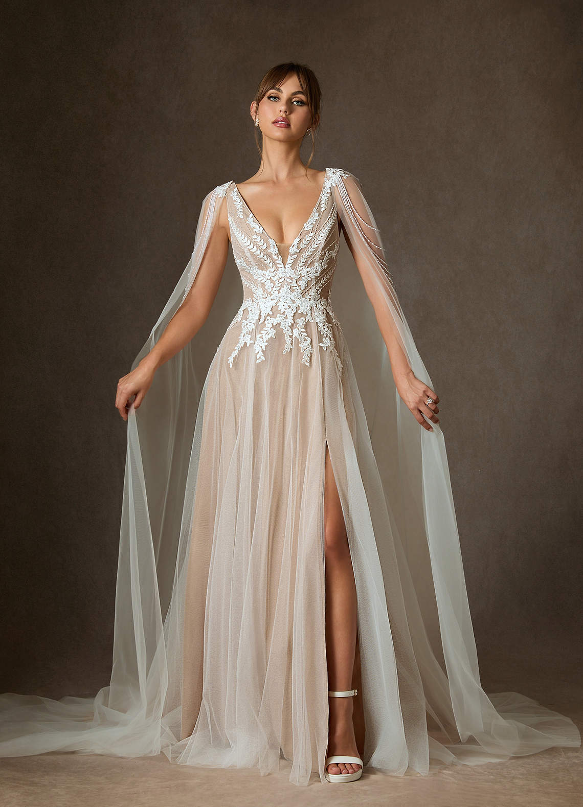 Azazie Goddess Wedding Dresses Diamond White Caramel A-Line V-Neck Sequins Tulle Dress image1