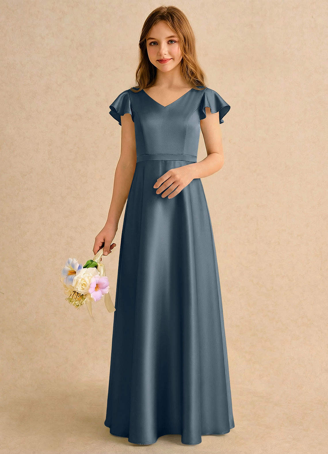 Azazie Nari Girls Formal Sprzedaż ostateczna Linia A z rękawami Satyna elastyczna Długość podłogi Sukienka image2