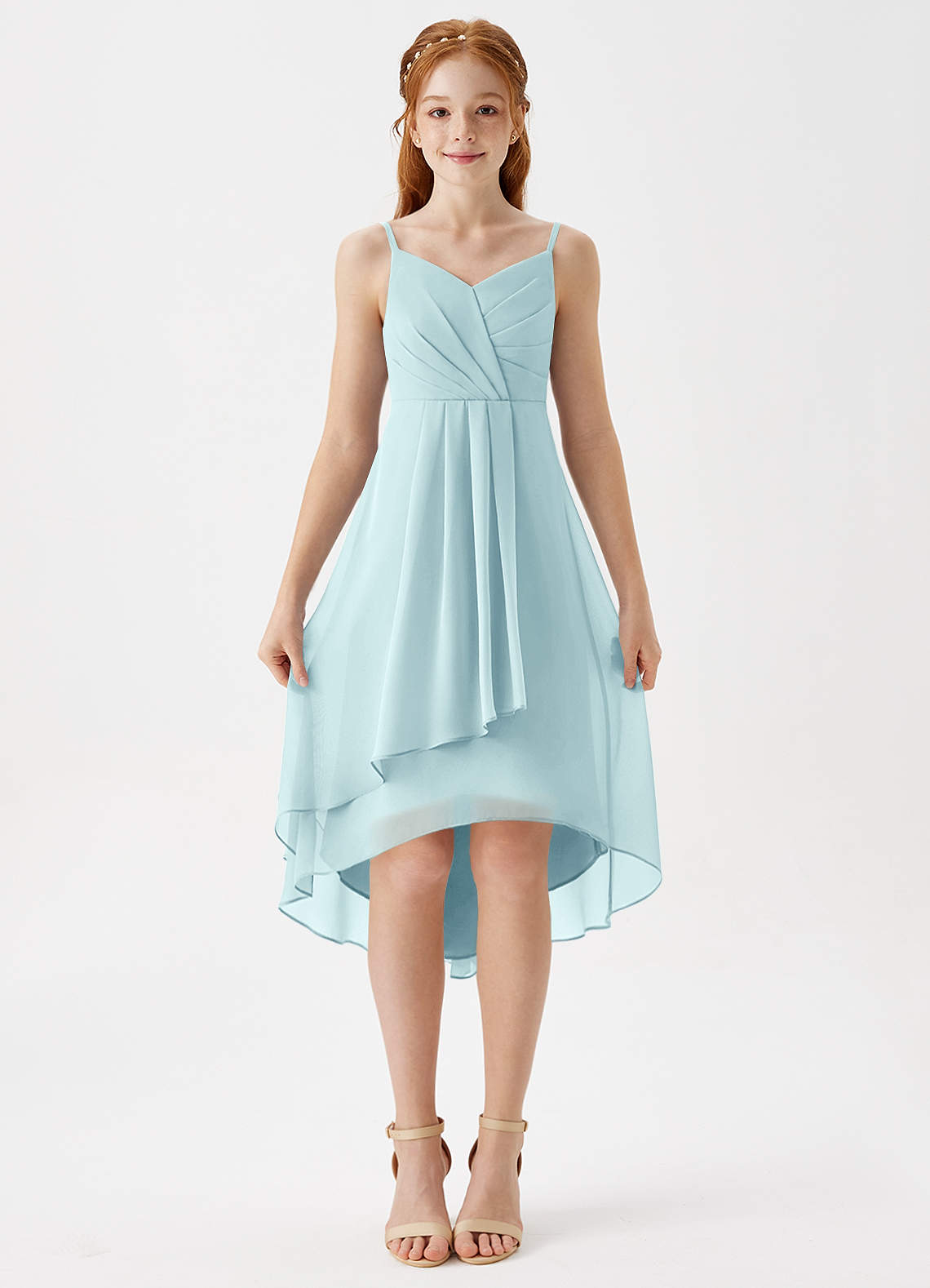 Azazie Mariam Junior Abito A-Line in Chiffon Plissettato Sea Glass image3