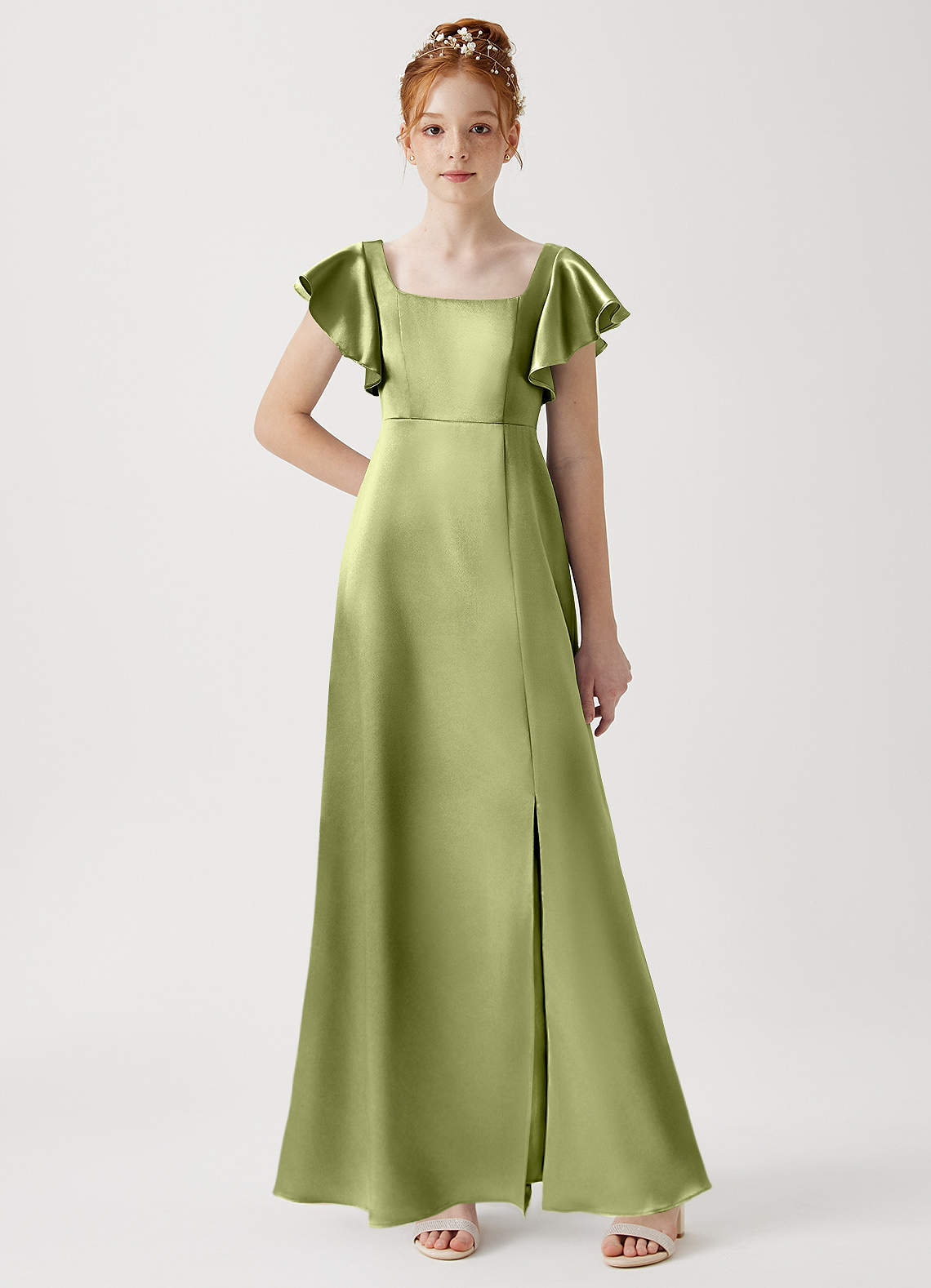 Azazie Bondi Junior Pistachio A-Line Side Slit Metallic Satin Dress image1