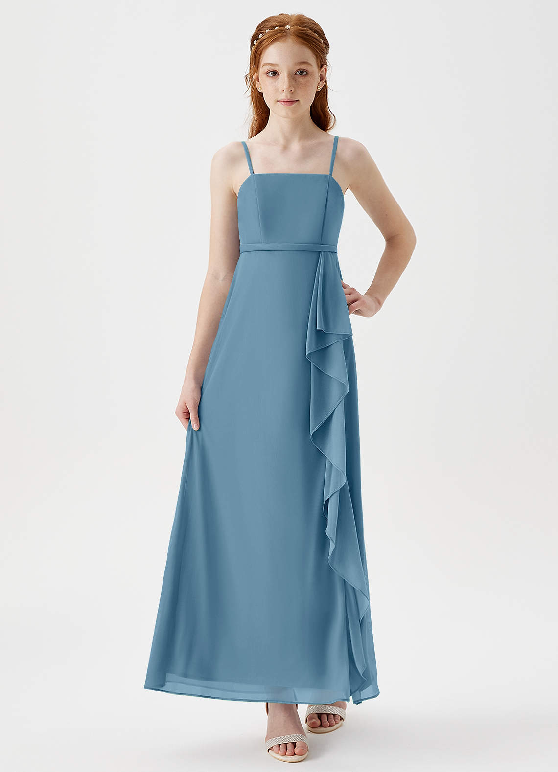 Azazie Kaylee Junior Steel Blue A-Line with Belt Mesh Dress image1