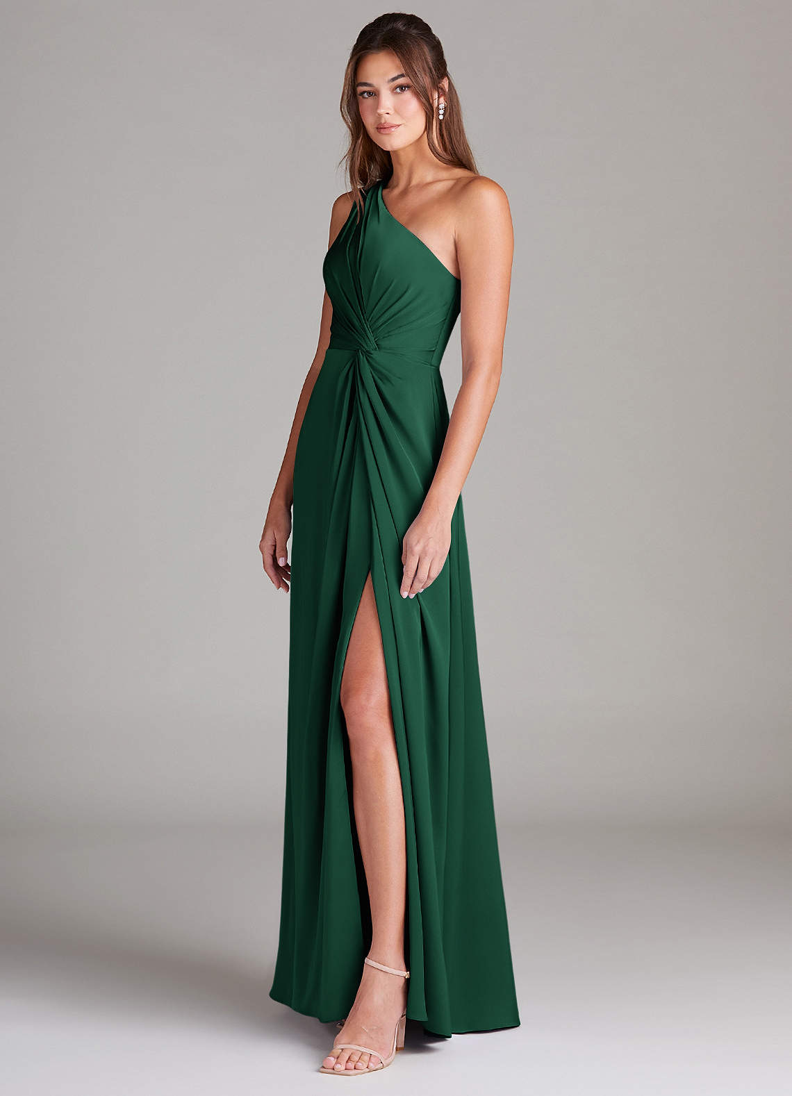 Azazie Brooke Bridesmaid Dresses Dark Green A-Line One Shoulder Stretch Satin Dress image4