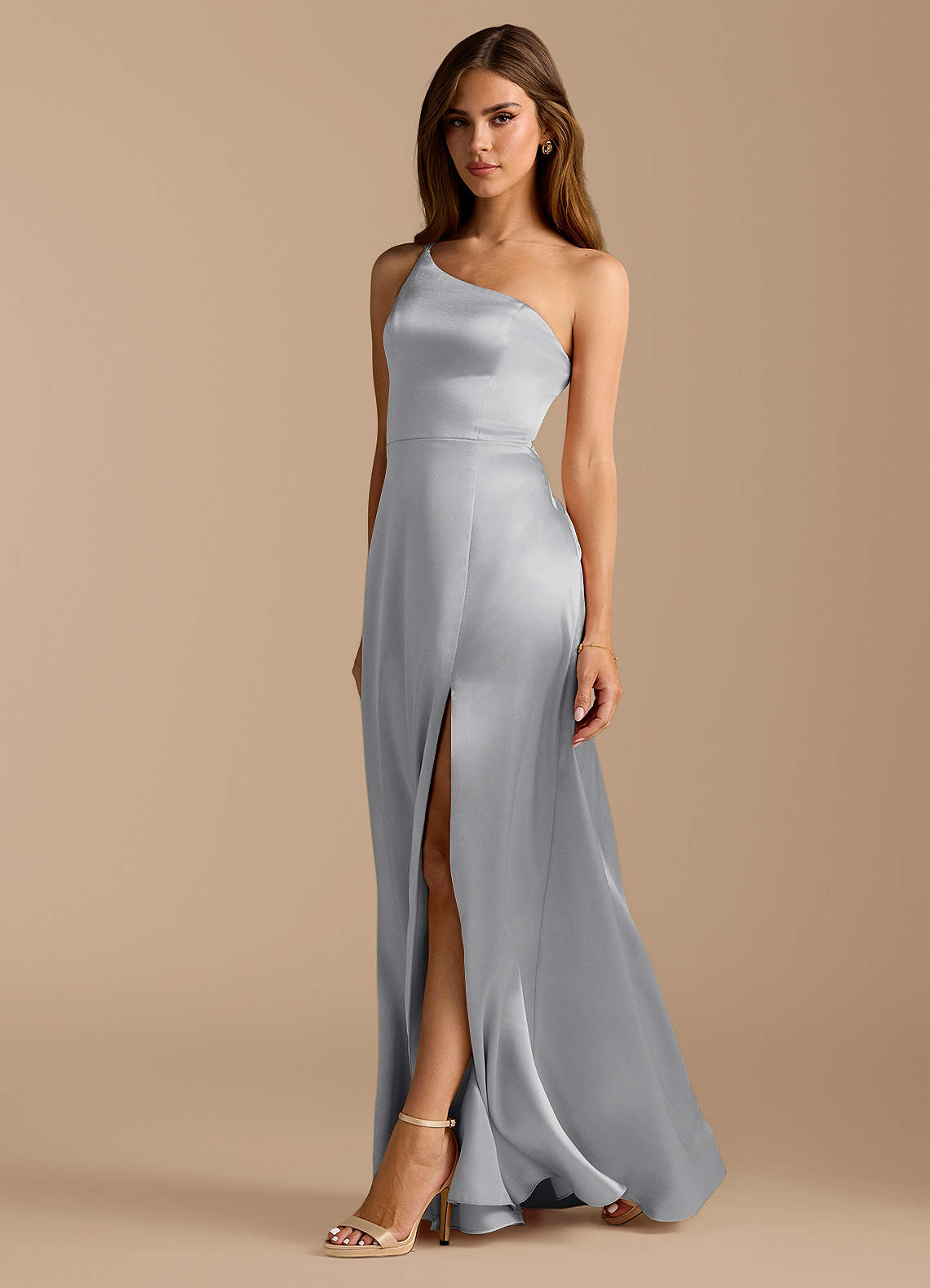 Azazie Trina Bridesmaid Dresses Silver A-Line One Shoulder Metallic Satin Dress image1