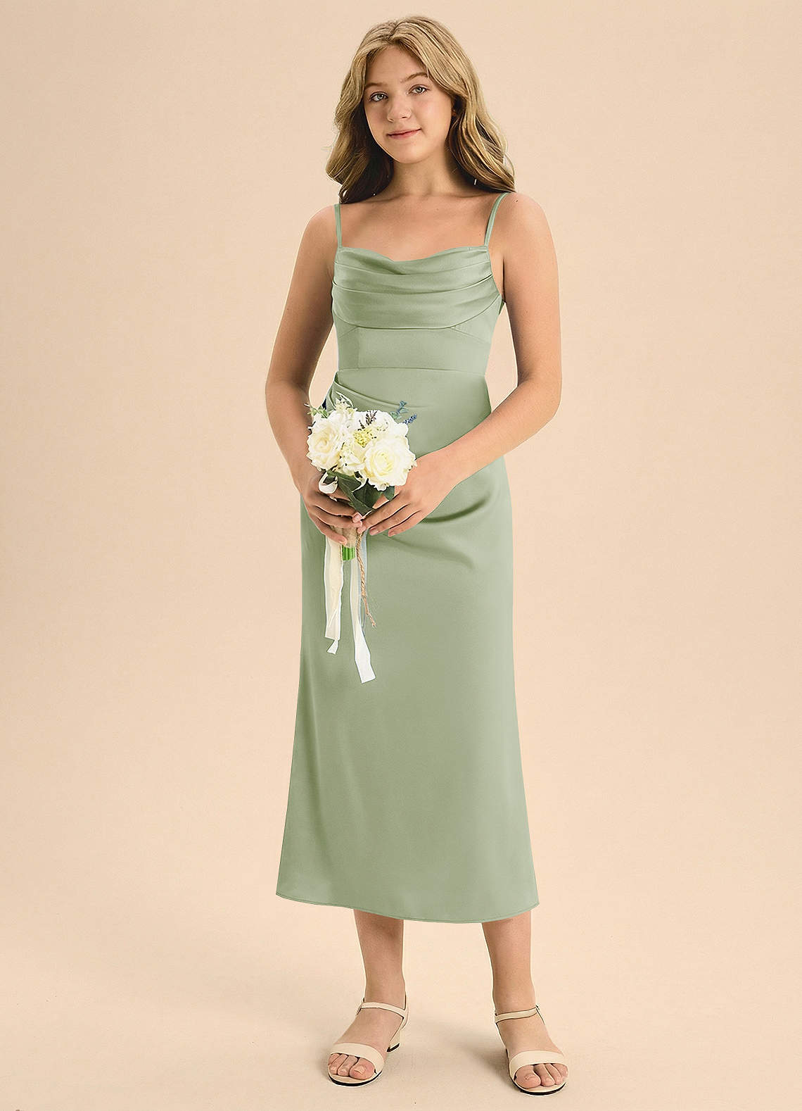 Azazie Mai Junior Skede Plisseret Stræk satin Te-længde Junior brudepige Kjole image3