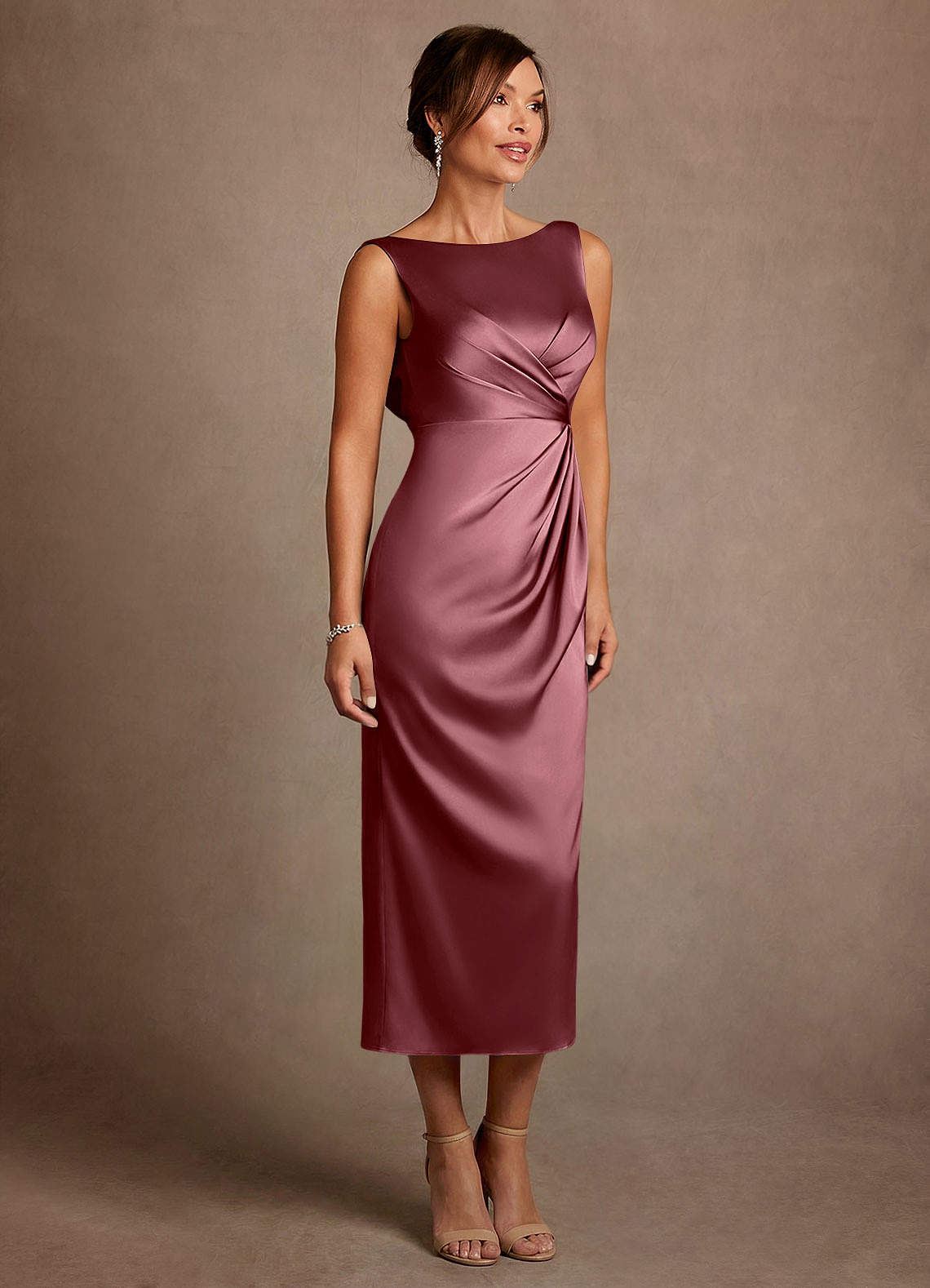 Azazie Mazhe Mother of the Bride Dresses Desert Rose A-Line Pleated Stretch Satin Dress image3