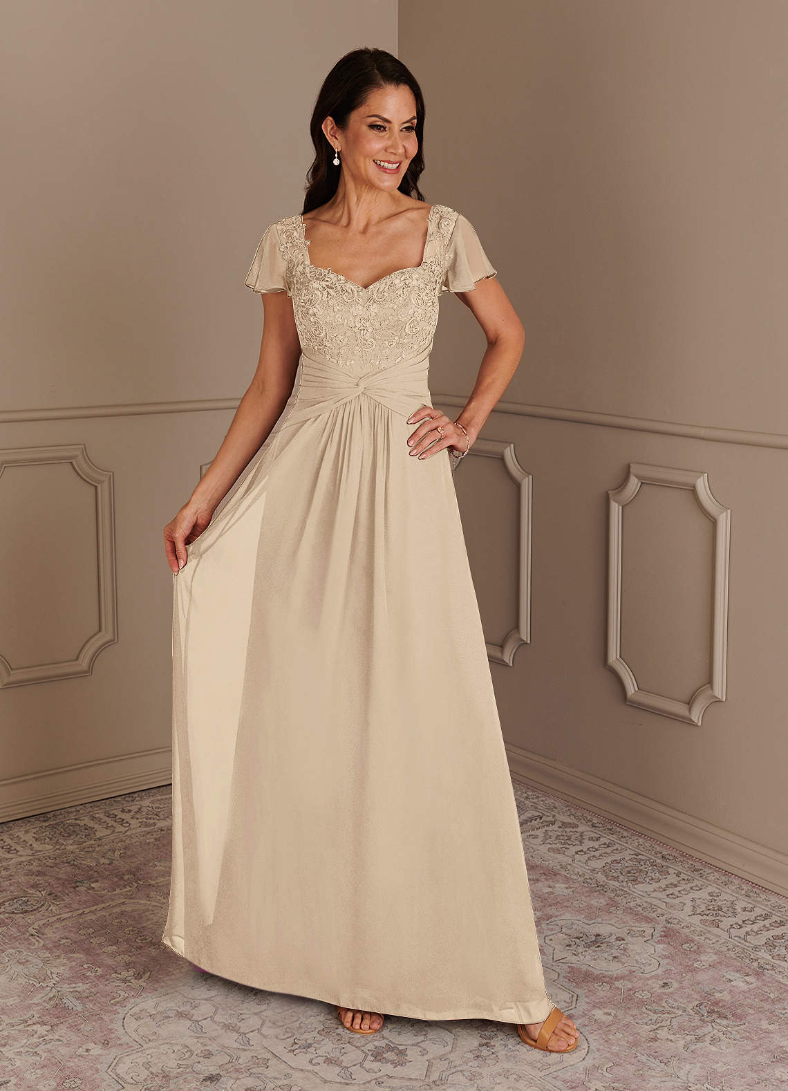 Azazie Gwenyth Mother of the Bride Dresses Champagne A-Line Lace Chiffon Dress image1