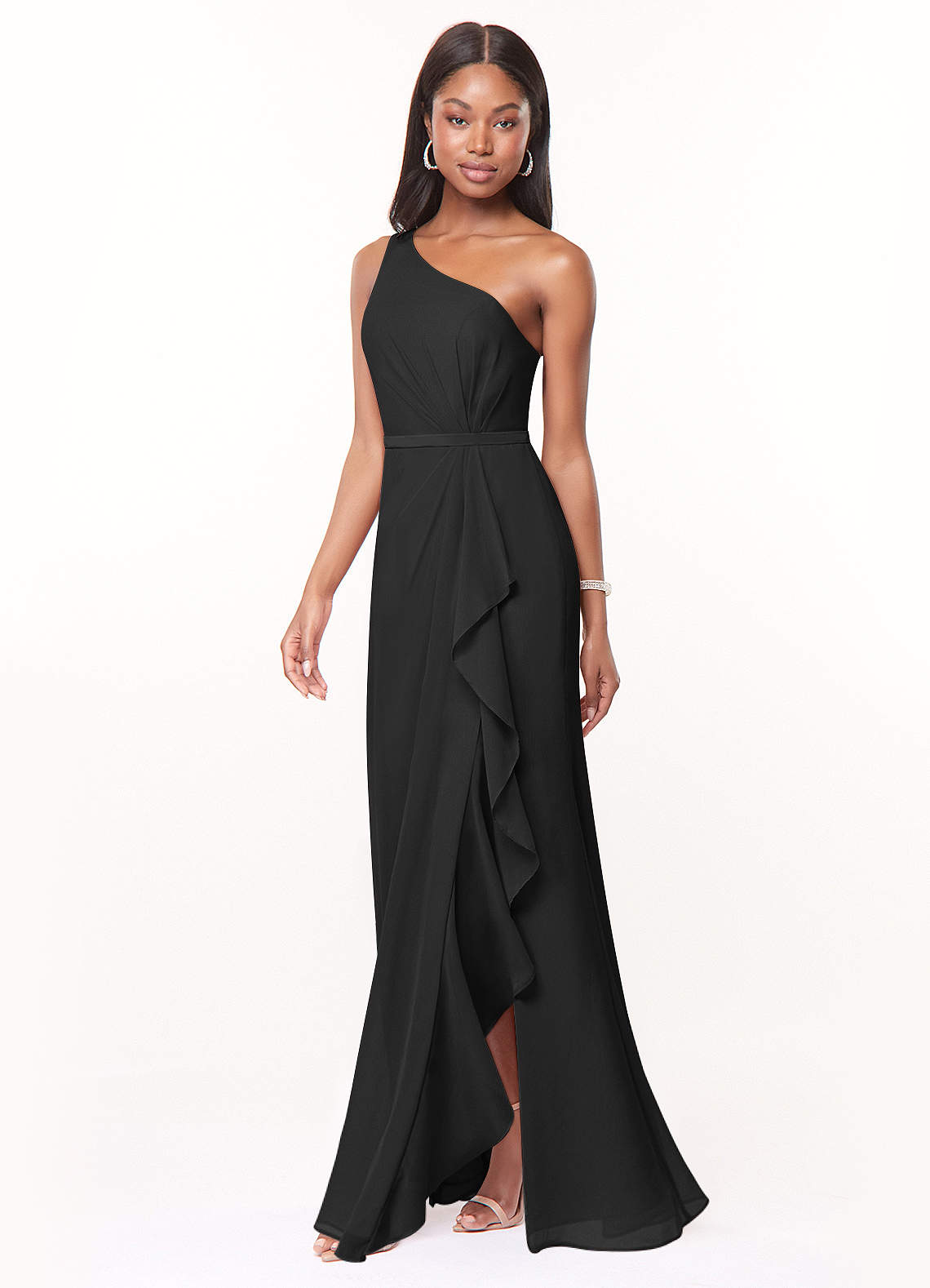 Azazie Liza Vestidos de damas de honor Vestido de Negro de Gasa de Corte Sirena con Hombro unilateral image1