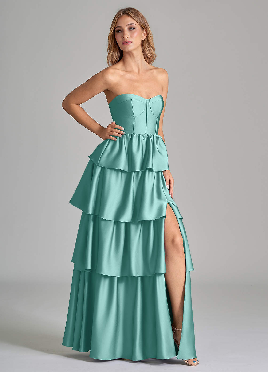 Azazie Faye Bridesmaid Dresses Aqua A-Line Ruched Stretch Satin Dress image1