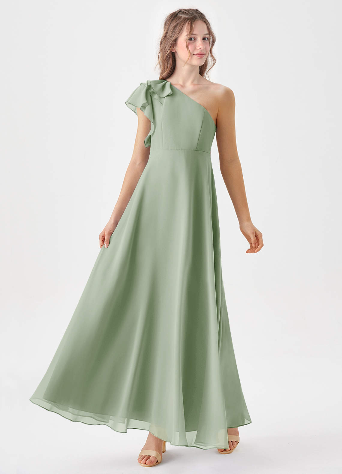 Azazie Arabella Junior Vestido de Salvia Polvorienta de Gasa de Corte en A con Volante image3