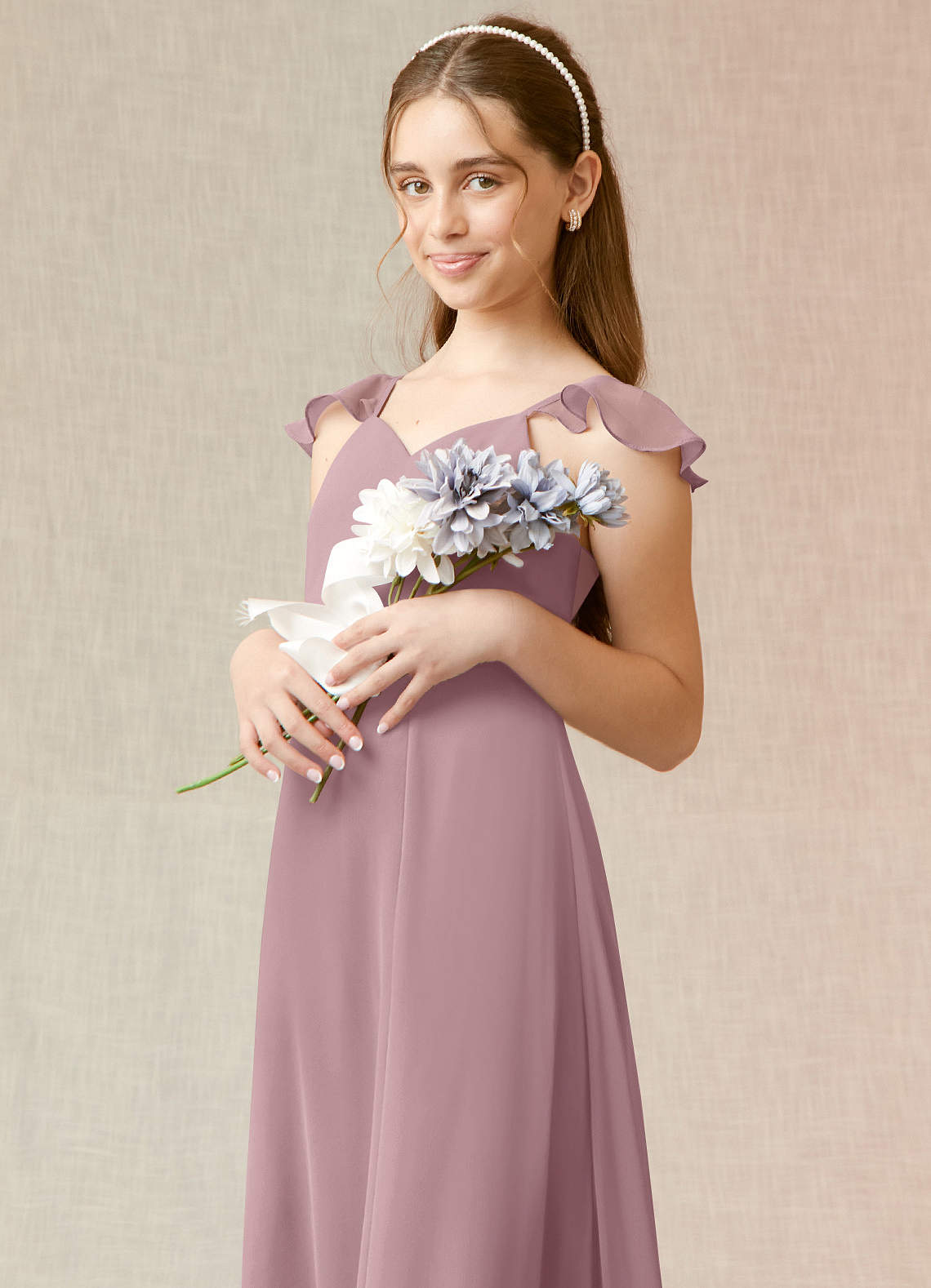 Azazie Everett Junior Vestido de Rosa Polvorienta de Gasa de Corte En A image5