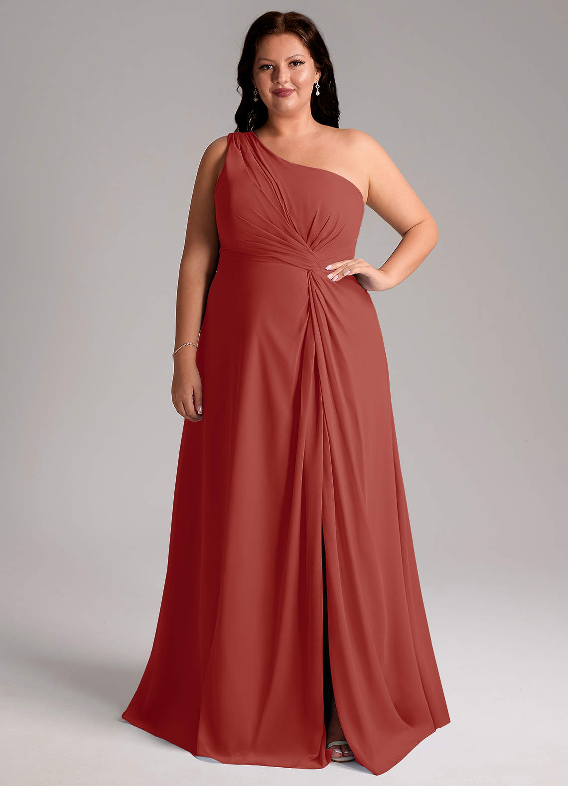 Azazie Brooke Bridesmaid Dresses Terracotta A-Line One Shoulder Chiffon Dress image1