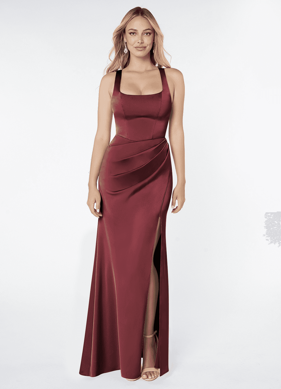 Azazie Mero Bridesmaid Dresses Merlot Sheath Pleated Stretch Satin Dress image1