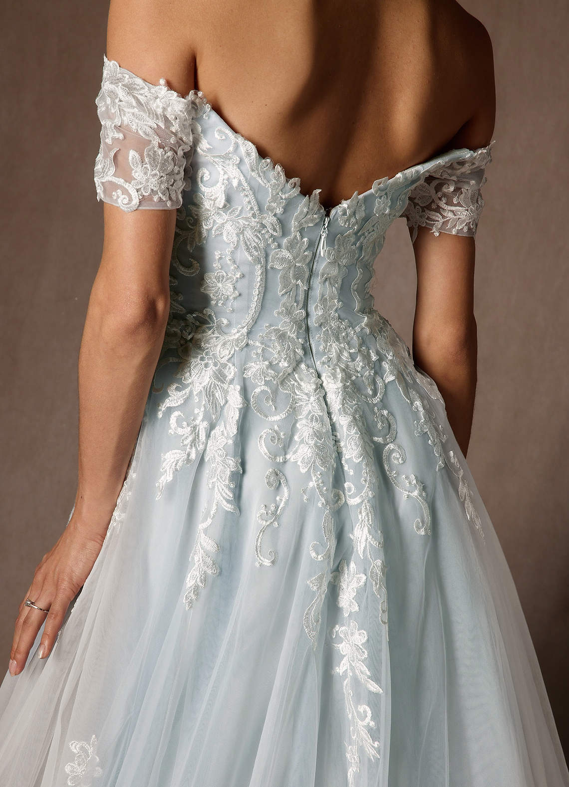 Azazie Rowe At-home Try On Dresses Cloudy Blue Ball-Gown Off the Shoulder Tulle Dress image6