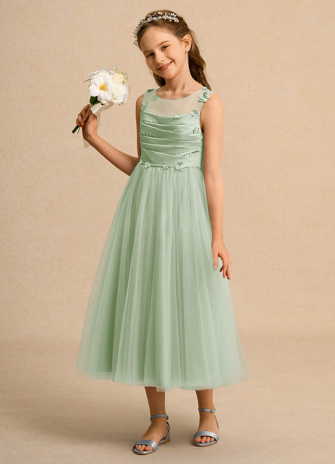 Azazie Snowball Girl Jurken voor bloemenmeisjes Baljurk Jurk van Tule Geplooid Stoffige Salie image1