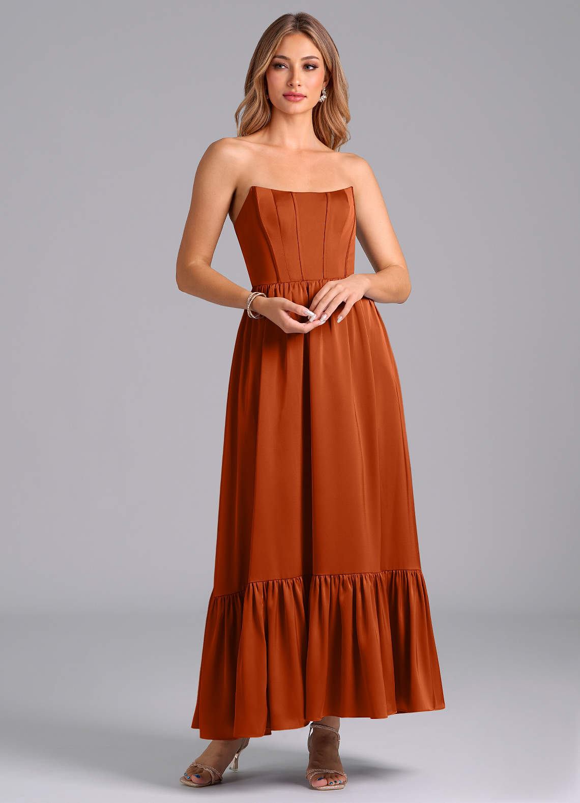 Azazie Leilana Vestidos de damas de honor Vestido de Naranja Quemada de Satén Elástico de Corte en A con Corsé image1