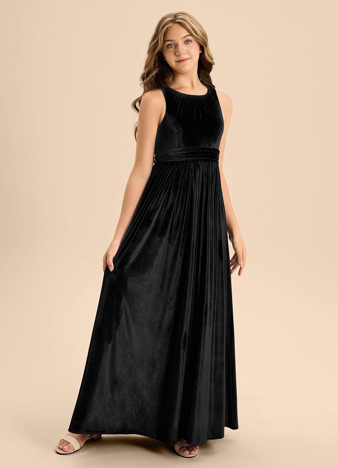 Azazie Jaylah Junior Black A-Line Pleated Velvet Dress image1