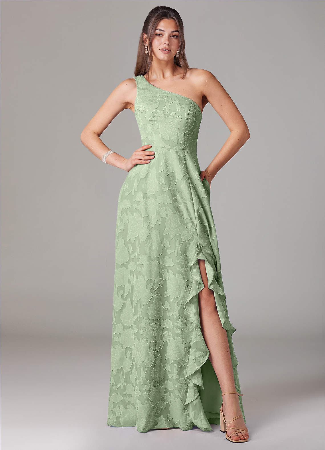 Azazie Ellianna Bridesmaid Dresses Dusty Sage A-Line One Shoulder Floral Burnout Dress image1