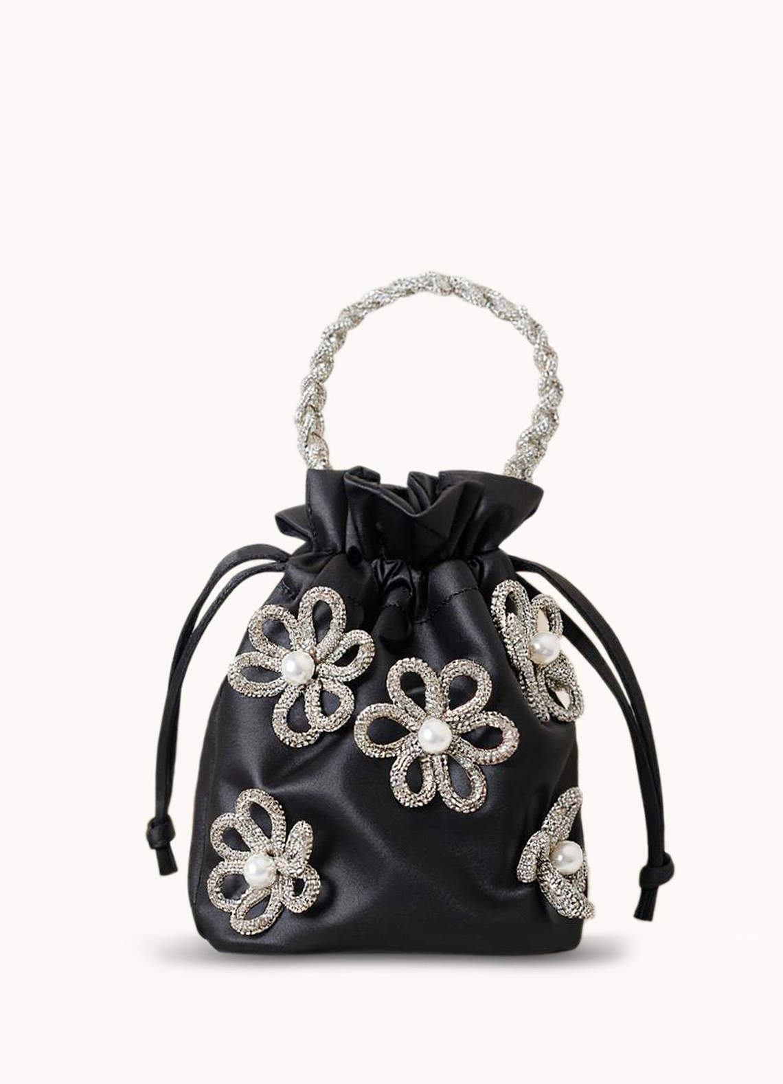 front Rhinestone Flower Embellished Satin Bucket Bag