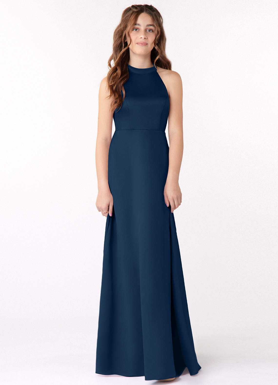 Azazie Laurel Junior Dark Navy A-Line Stretch Satin Dress image1