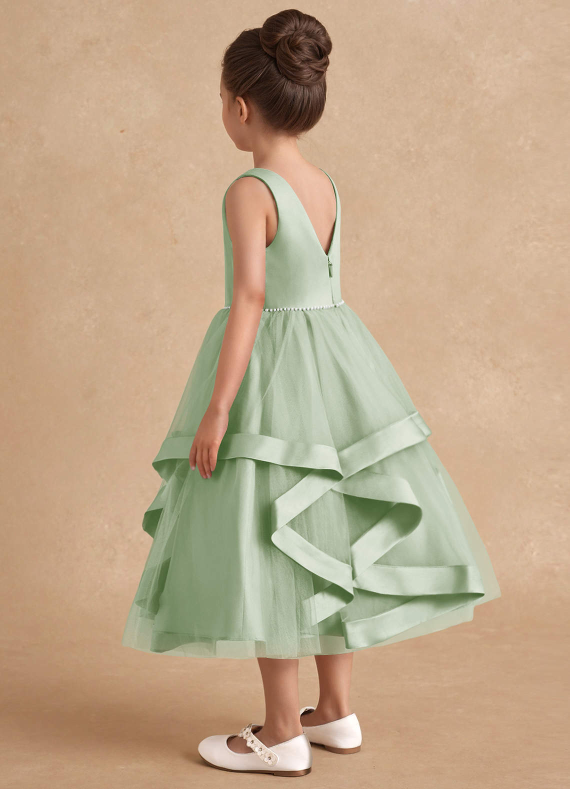 Azazie Posy Flower Girl Dresses Dusty Sage A-Line Beaded Tulle Dress image1