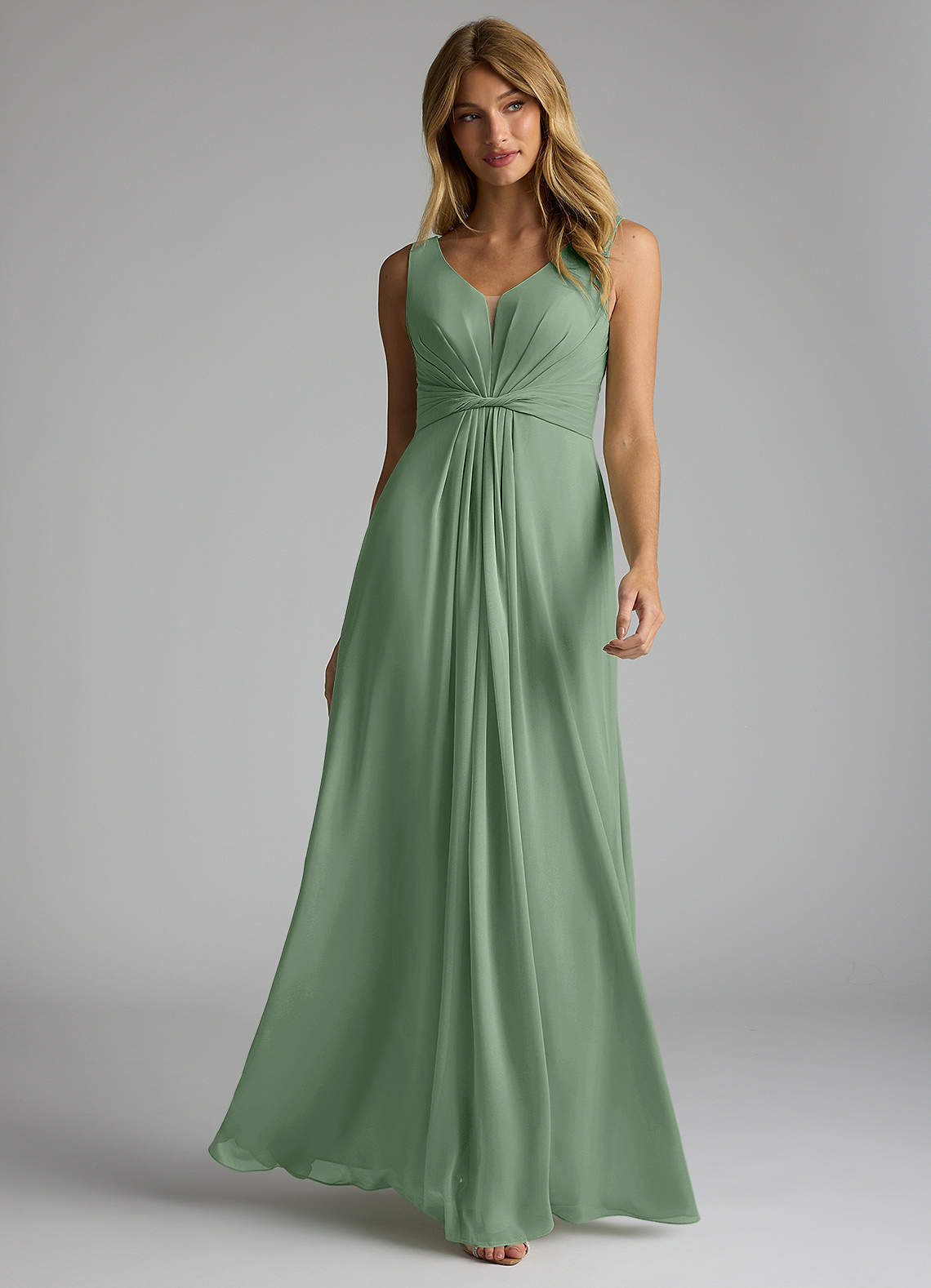 Azazie Gina Bridesmaid Dresses Matcha A-Line V-Neck Pleated Chiffon Dress image1